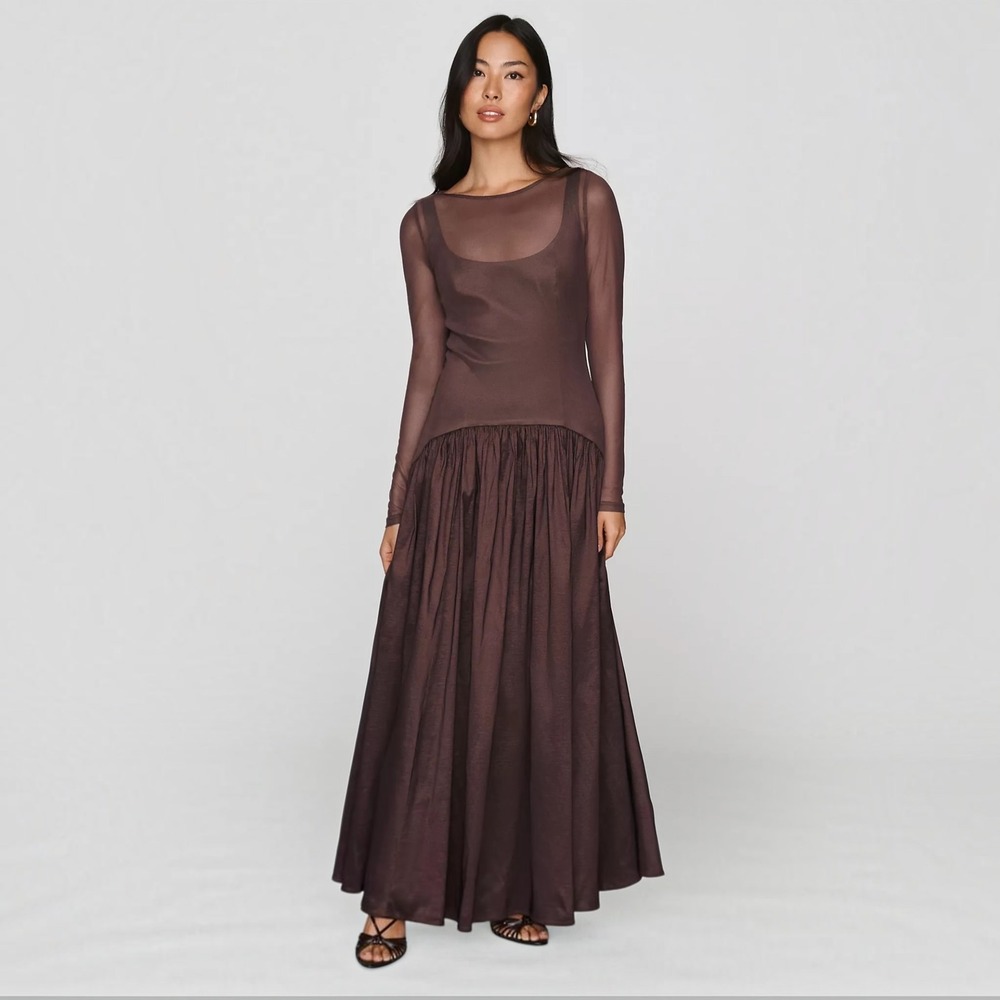 NEW HUTCH Susanne Brown Sheer Mesh Drop-Waist Maxi Dress Size 2